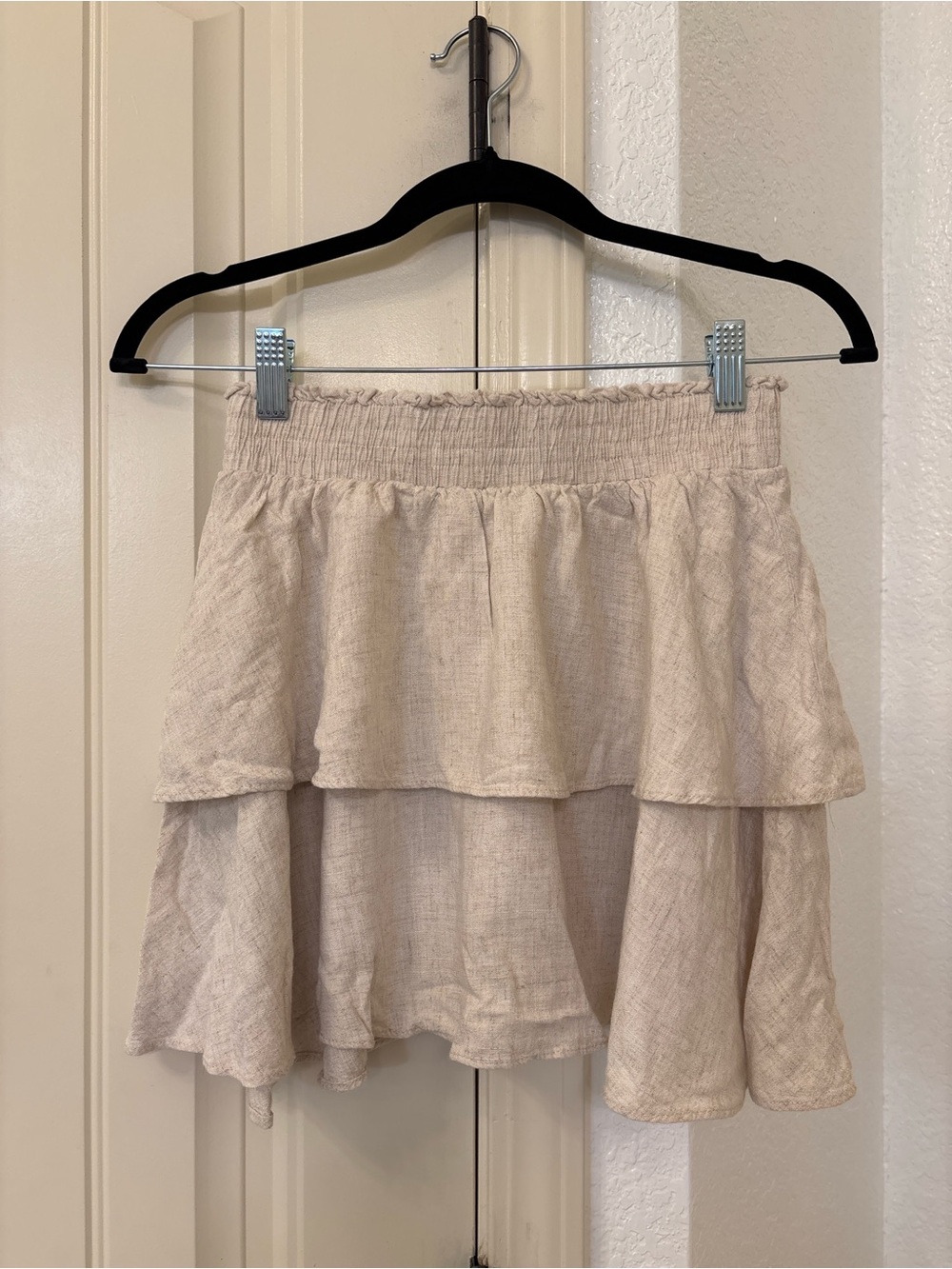 Princess Polly Greta Mini Skirt Oatmeal Linen Blend Tiered Ruffle Size US 8